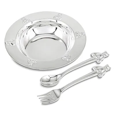 "Silver-plated Teddy Bear Bowl, Spoon, Fork Set"