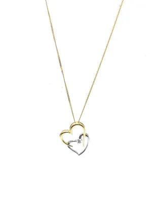 10K White & Yellow Gold 0.041cttw Diamond Double Heart Pendant, 18"