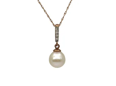 10K Rose Gold Fresh Water Pearl and Diamond Pendant, 18"
