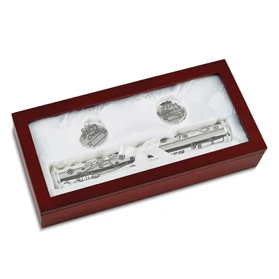 Silver-plated Birth Certificate Holder, First Tooth, and First Curl in Wooden Memory Box Set