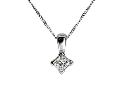 14K White Gold 0.20cttw Princess Cut Canadian Diamond Pendant, 18"