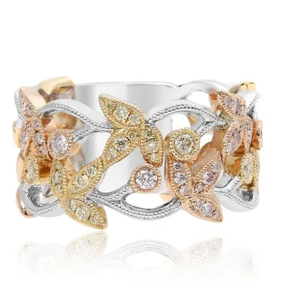 18K Tricolor Fancy Yellow & Pink Diamonds Floral Band