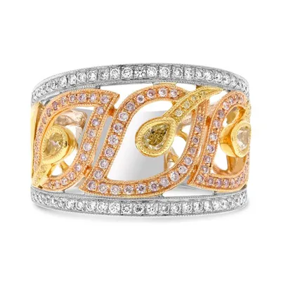 18K Tricolor Fancy Yellow, Pink and White Diamonds Band