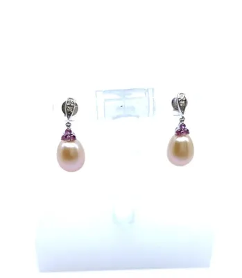 Freshwater Pearl, Pink Sapphire & Diamond Earrings