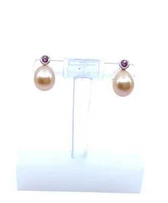 10K White Gold Fresh Water Pearl & Pink Sapphire Earrings