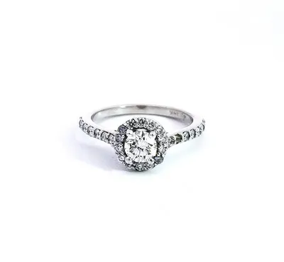 14K White Gold 0.97cttw Diamond Halo Engagement Ring, Size 6.5