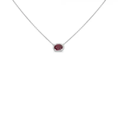 18K White Gold Ruby and Diamond Halo Necklace, 16-18"