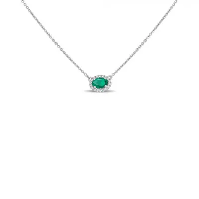 18K White Gold  Oval Cut Emerald and Diamond Halo Necklace, 16-18"