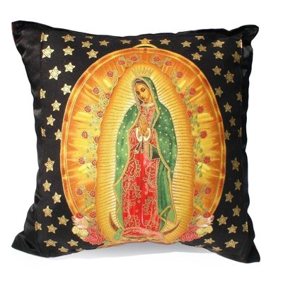 Mexican Virgin Mary Guadalupe Black and Gold Stars Throw Pillow