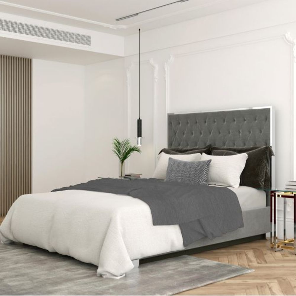 Lucille 60" Queen Bed in Grey with Silver Detail