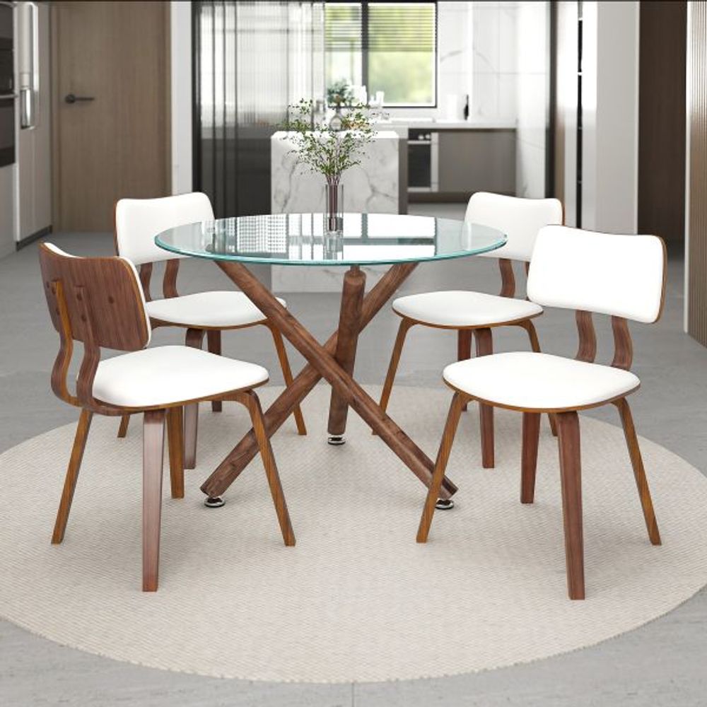 Rocca/Zuni 5pc Dining Set in Walnut with White Faux Leather Chair