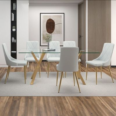 Stark_Antoine 7pc Dining Set in Gold with Light Grey Chair