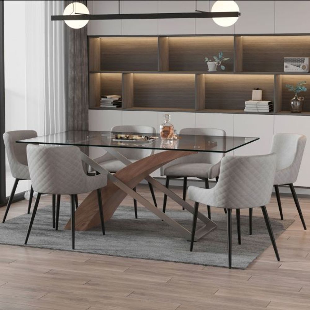 Veneta/Bianca 7pc Dining Set, Walnut/Black & Grey