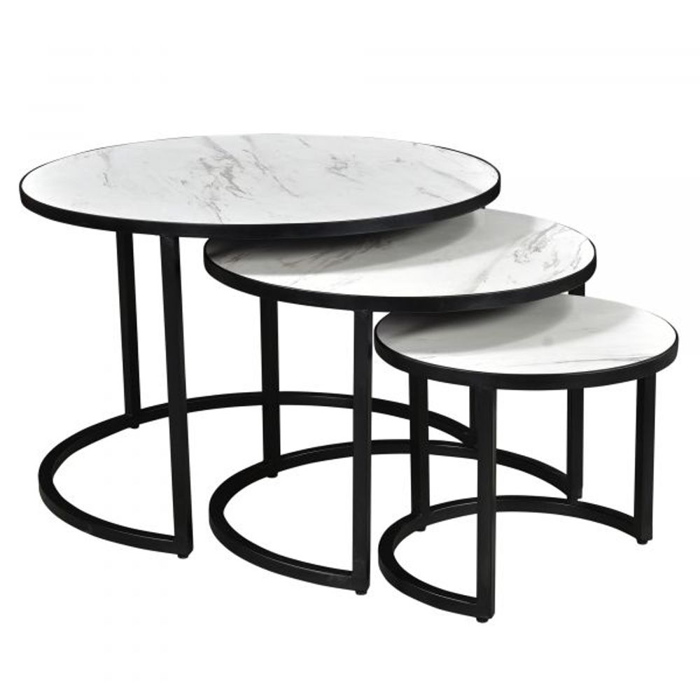 Darsh 3pc Round Coffee Table Set in Faux White Marble