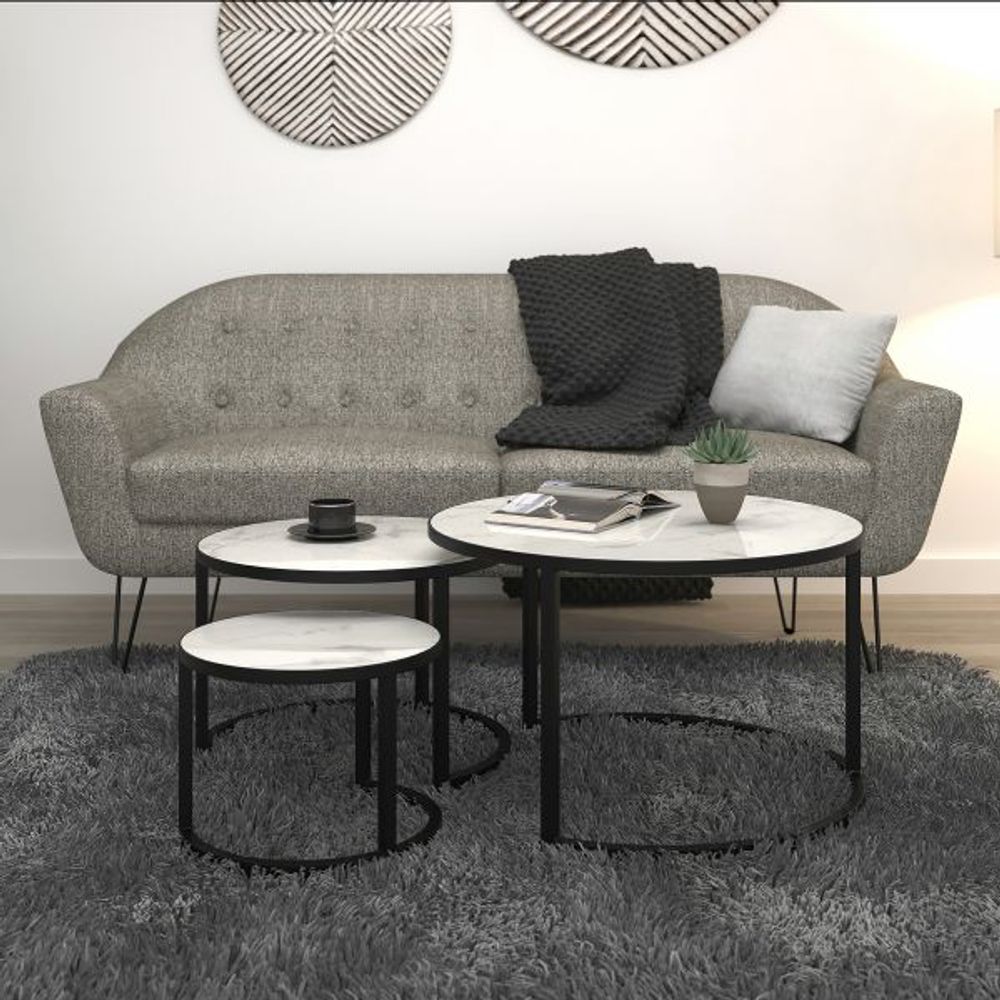 Darsh 3pc Round Coffee Table Set in Faux White Marble