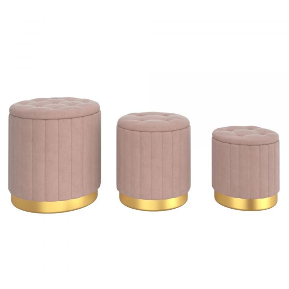 Tobi 3pc Storage Ottoman Set in Blush & Gold