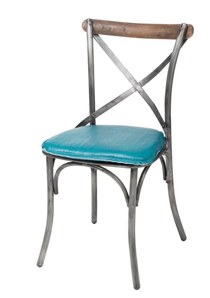 Metal Crossback Chair with Peacock Blue Seat Cushion