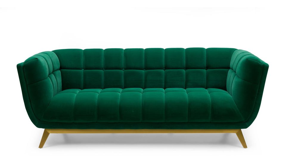 Yaletown Mid Century Tufted Fabric Sofa  With Golden Legs- Emerald #23