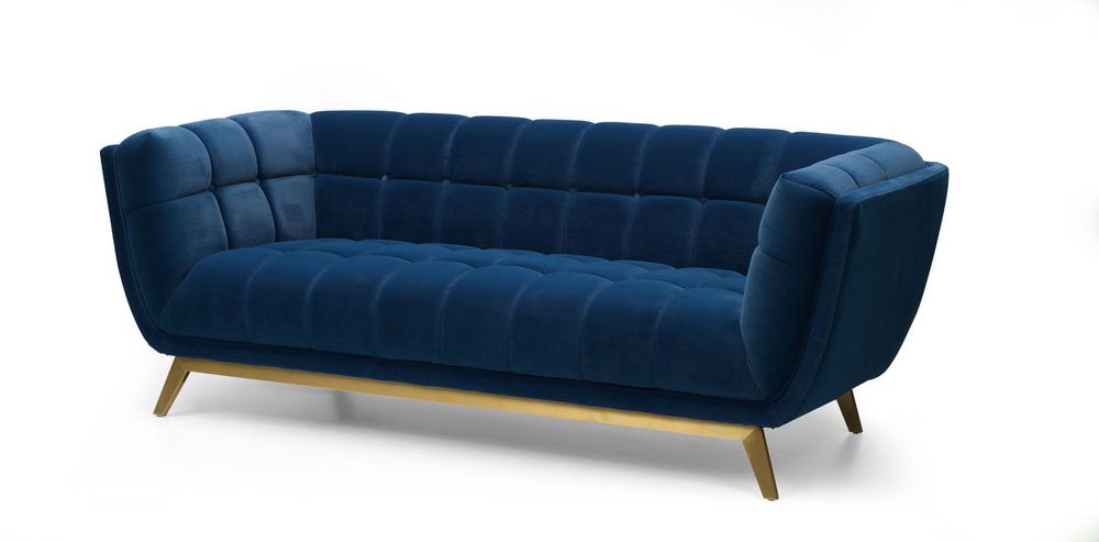 Yaletown Mid Century Tufted Fabric Sofa  With Golden Legs- Velvet Blue #29