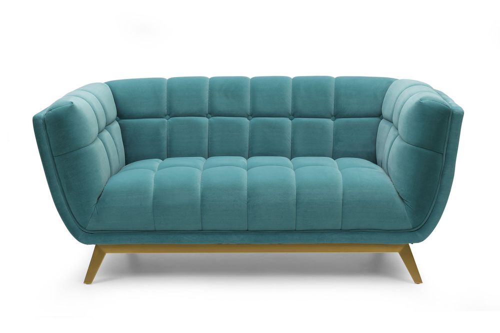 Yaletown Mid Century Tufted fabric Loveseat Golden Legs- Velvet Teal #19