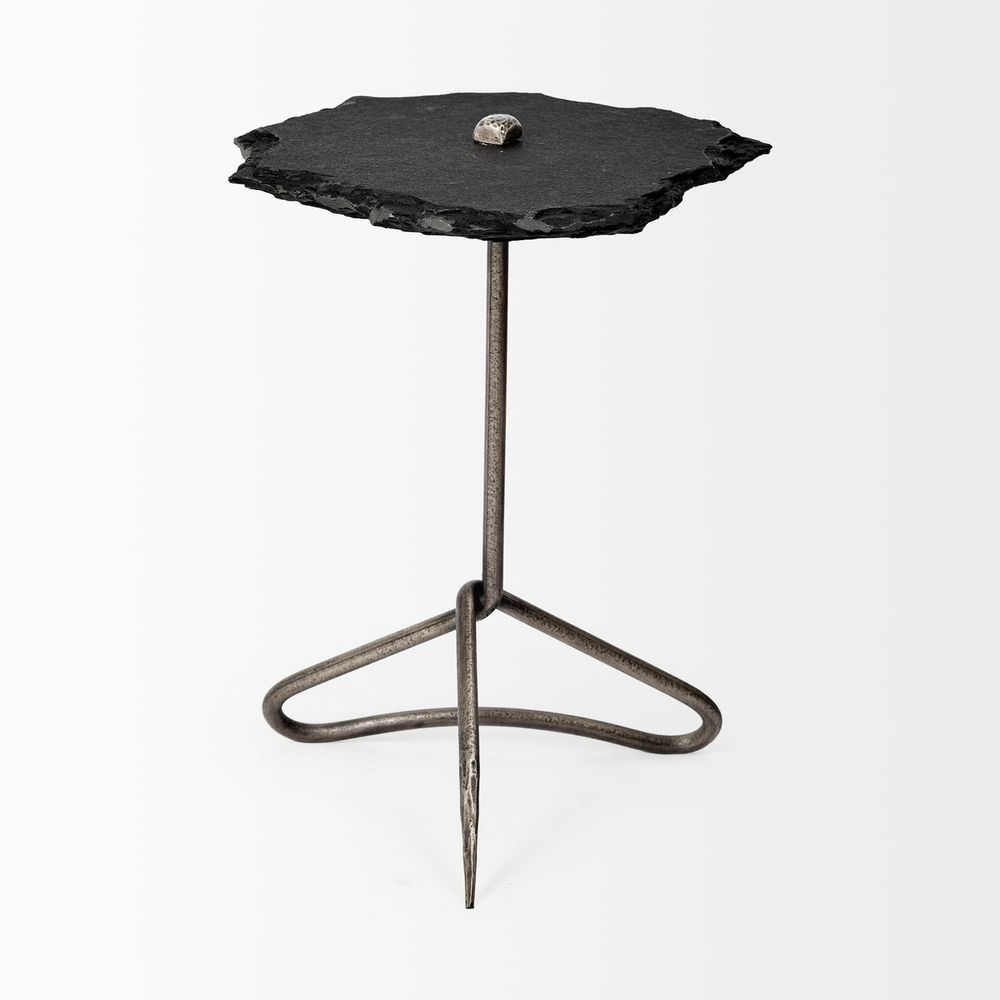 Pinera II 19L x 19W Black Slate Top W/ Triangular Iron Base Accent Table