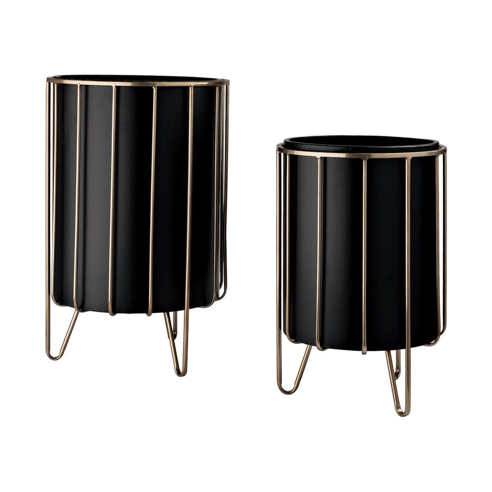 Pianta 13 x 21 Set of Two Black Metal Insert Brass Frame Plant Stands