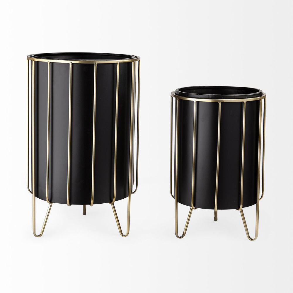 Pianta 13 x 21 Set of Two Black Metal Insert Brass Frame Plant Stands