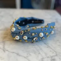 denim pearl and crystal oversized knotted headband