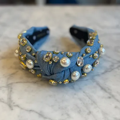 denim pearl and crystal oversized knotted headband