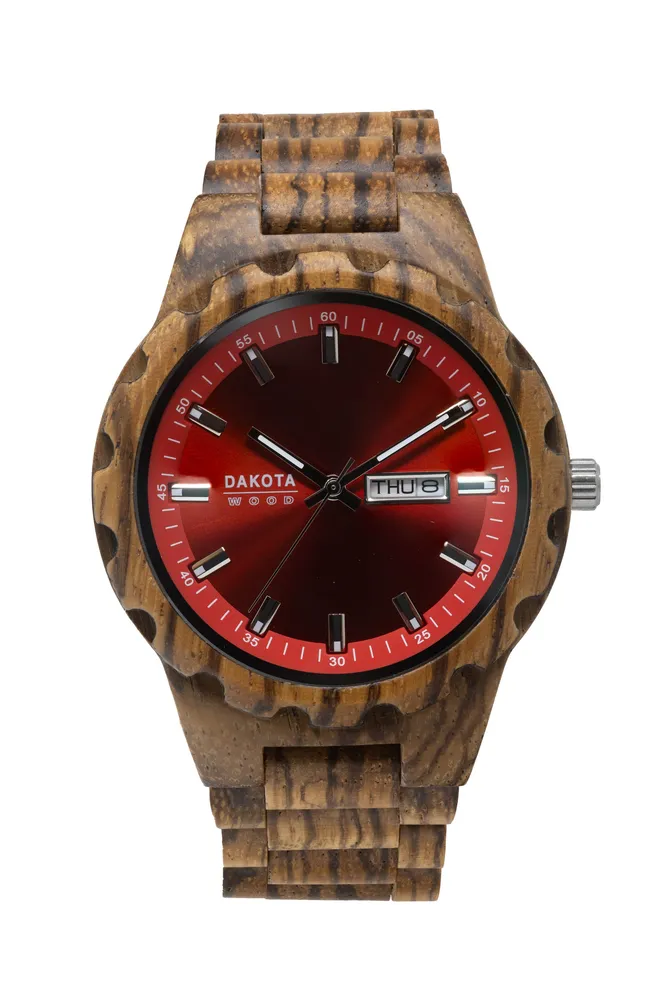 Day/Date Wood - Zebrawood Case/Band Red Sunray Dial