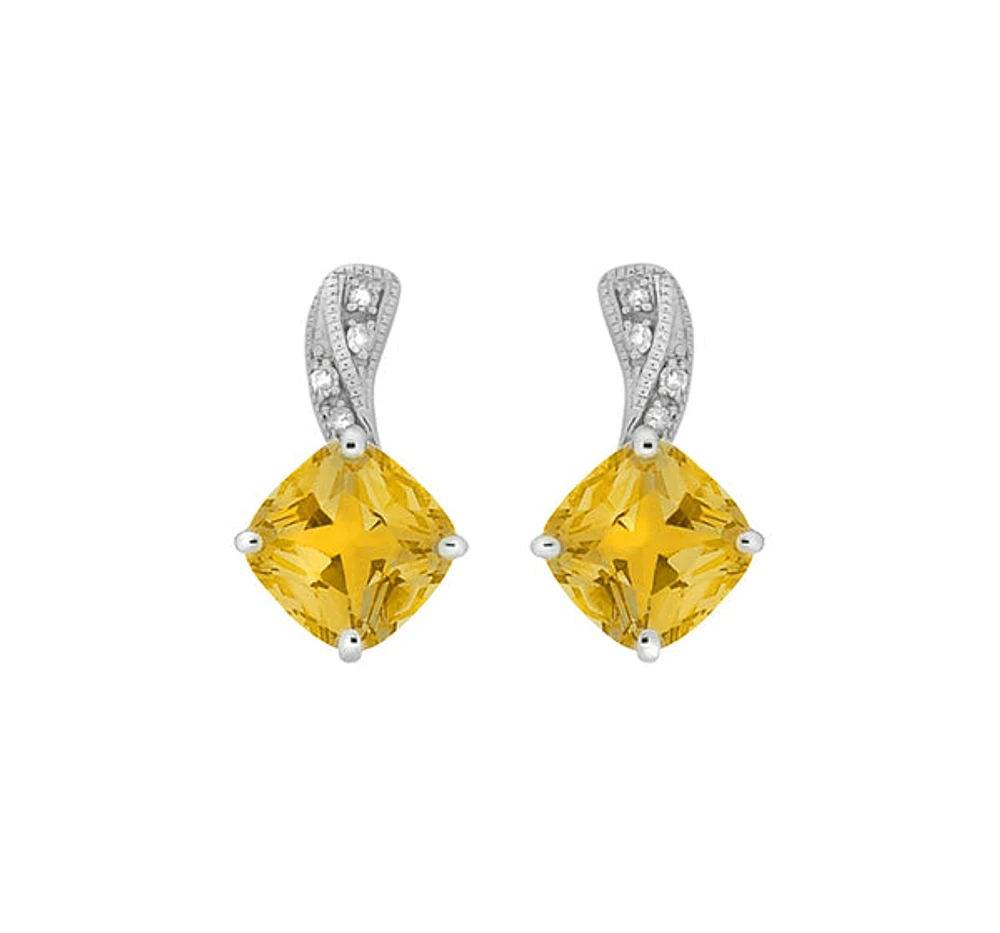 10K White Gold Prong-set Citrine Earrings with Diamond Accent