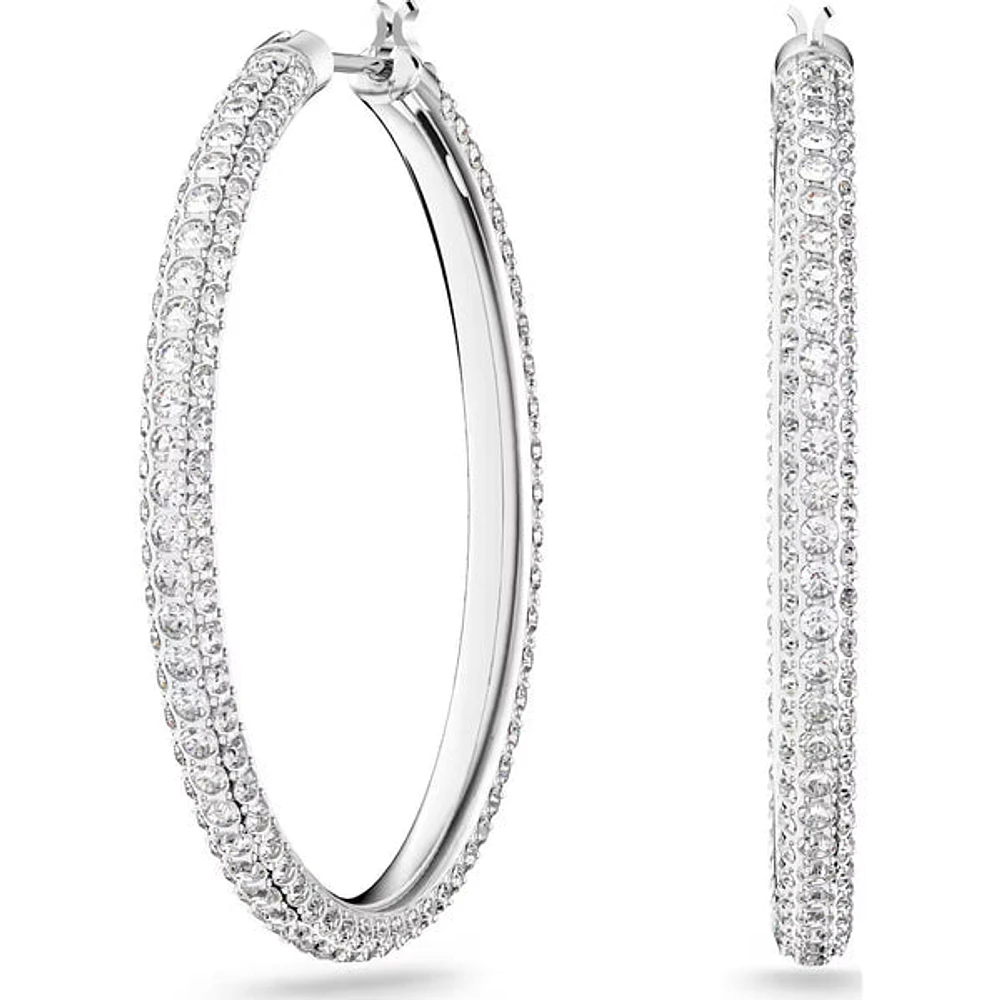 Dextera - Stone hoop earrings, Pavé, Large, White, Rhodium plated - 5389432