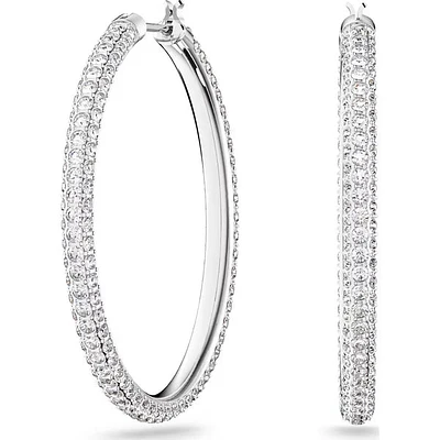 Dextera - Stone hoop earrings, Pavé, Large, White, Rhodium plated - 5389432