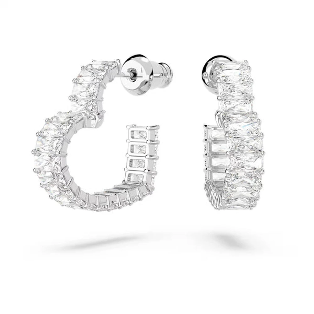 Swarovski Matrix hoop earrings, Baguette cut, Heart, Small, White, Rhodium plated - 5653170/5689693 (SS)