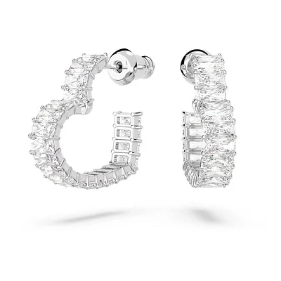 Swarovski Matrix hoop earrings, Baguette cut, Heart, Small, White, Rhodium plated - 5653170/5689693 (SS)