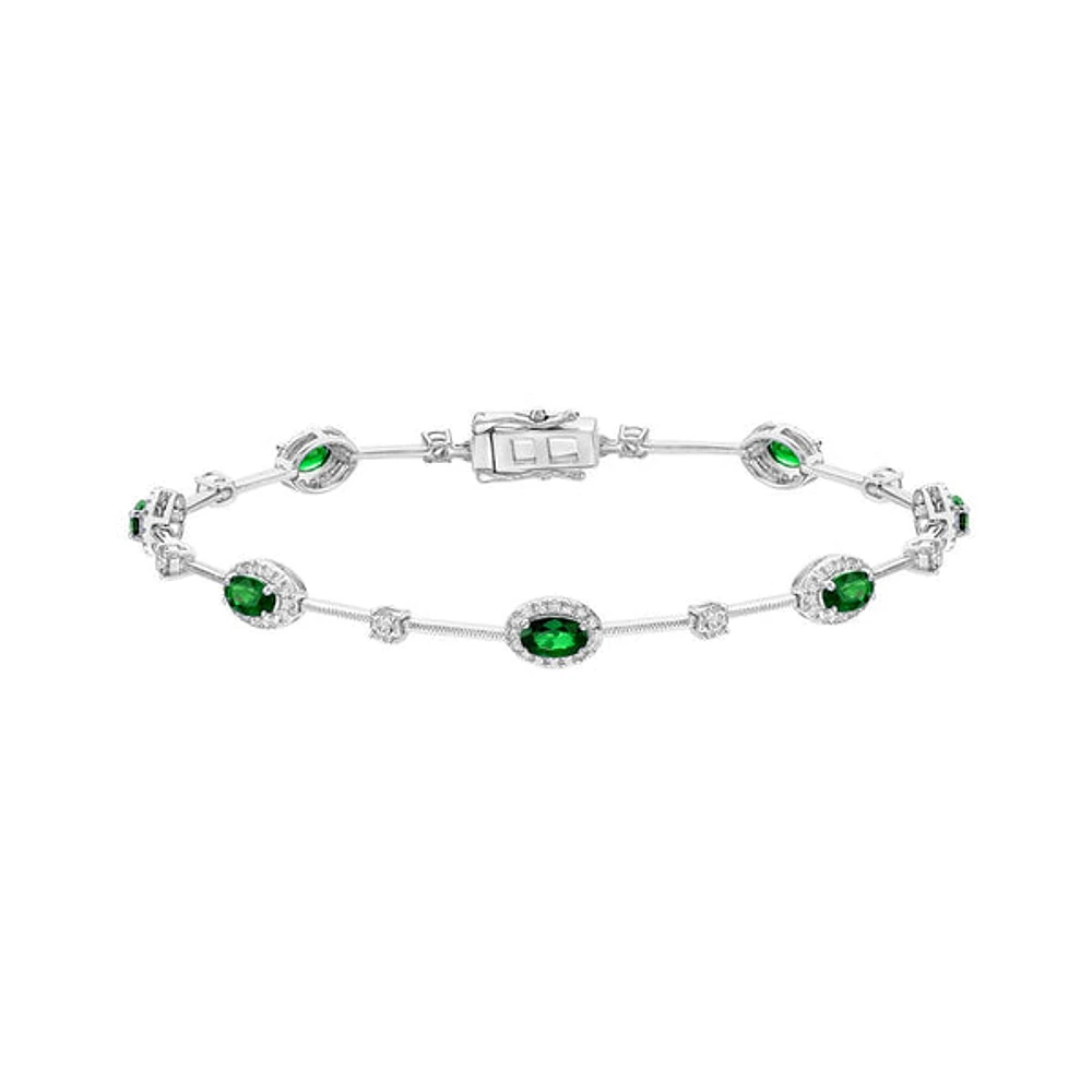 14K White Gold Halo Emerald & Diamond Bracelet