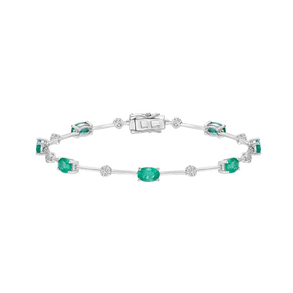 14K White Gold Prong Emerald & Diamond Bracelet