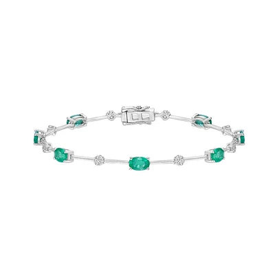 14K White Gold Prong Emerald & Diamond Bracelet