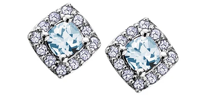 10K White Gold Aquamarine and Diamond Halo Stud Earrings