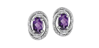 925 Sterling Silver Amethyst & Diamond Halo Stud Earrings