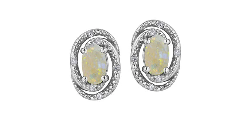 925 Sterling Silver Opal & Diamond Stud Earrings