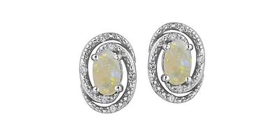 925 Sterling Silver Opal & Diamond Stud Earrings