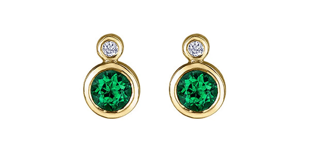 10K Yellow Gold Emerald and 0.01cttw Diamond Earrings
