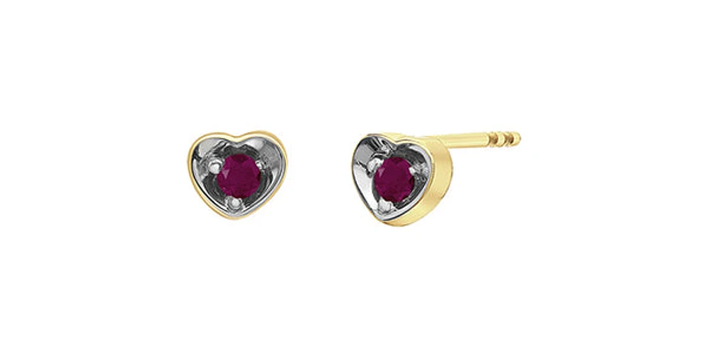 10K Yellow Gold Ruby Heart Stud Earrings