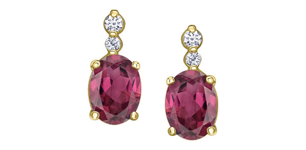 10K Yellow Gold Oval Cut Rhodolite Garnet and Diamond Earrings