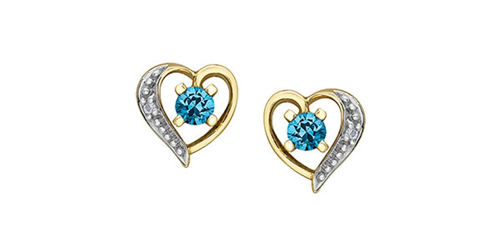 10K Yellow Gold Blue Topaz and Diamond Heart Stud Earrings
