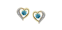 10K Yellow Gold Blue Topaz and Diamond Heart Stud Earrings