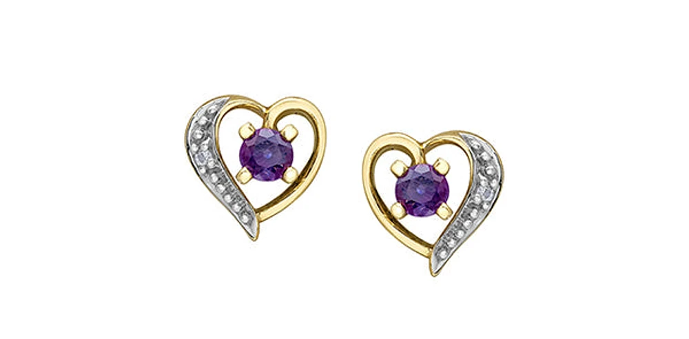 10K Yellow Gold Amethyst and Diamond Heart Stud Earrings