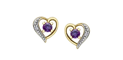 10K Yellow Gold Amethyst and Diamond Heart Stud Earrings