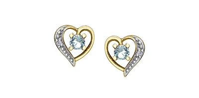 10K Yellow Gold Aquamarine and Diamond Heart Stud Earrings